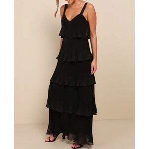 Lulus Elegant Nature Black Pleated Sleeveless Tiered Maxi Dress Size S NWT